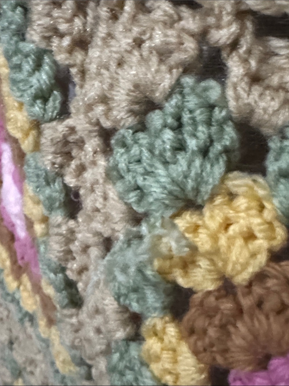 Handmade Blanket-Crocheted Granny Square-Pink/Brown/Green/Yellow-Gently Used - Picture 15 of 17